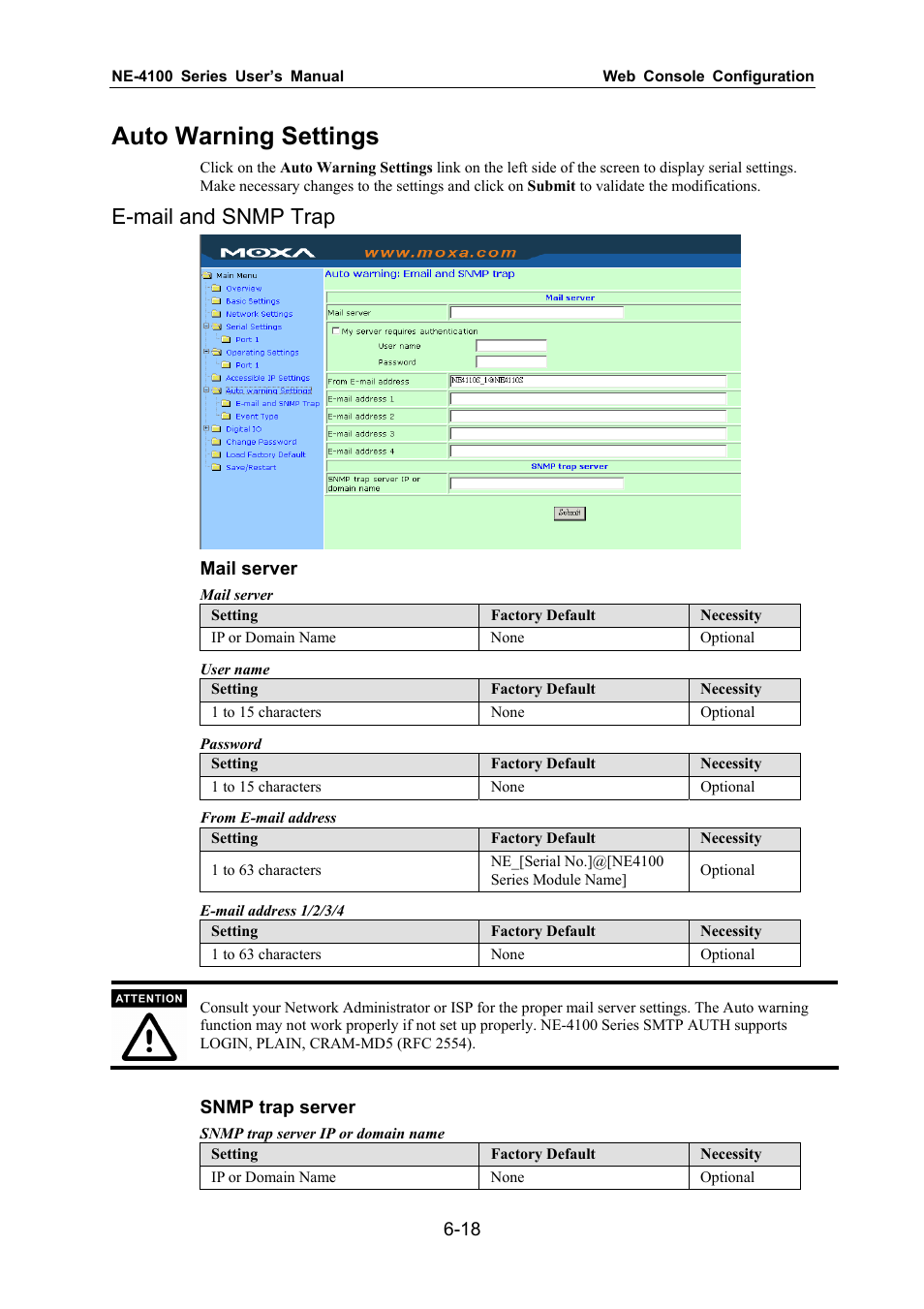 Auto warning settings, E-mail and snmp trap | Moxa Technologies NE-4100 User Manual | Page 53 / 90