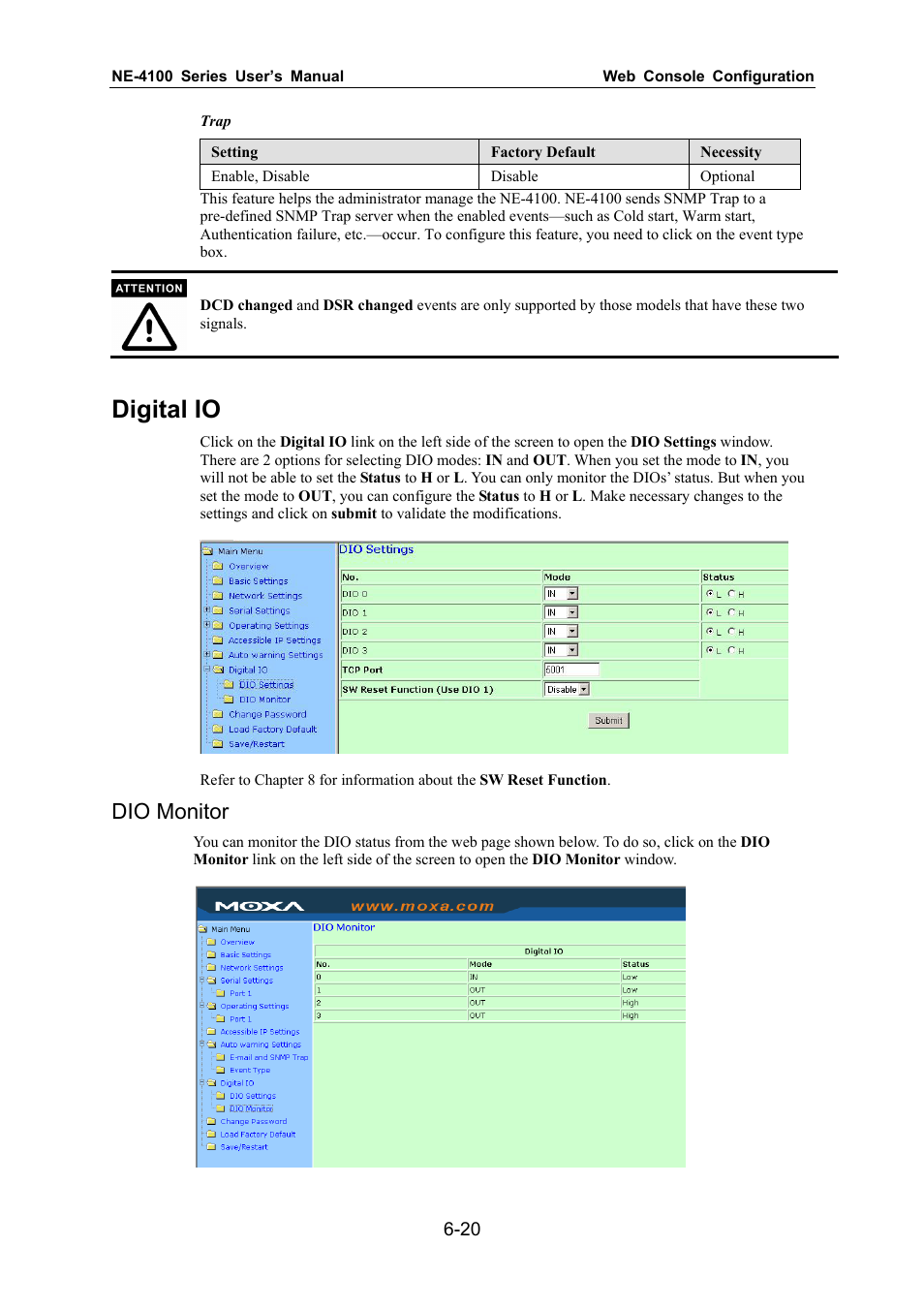 Digital io, Dio monitor | Moxa Technologies NE-4100 User Manual | Page 55 / 90