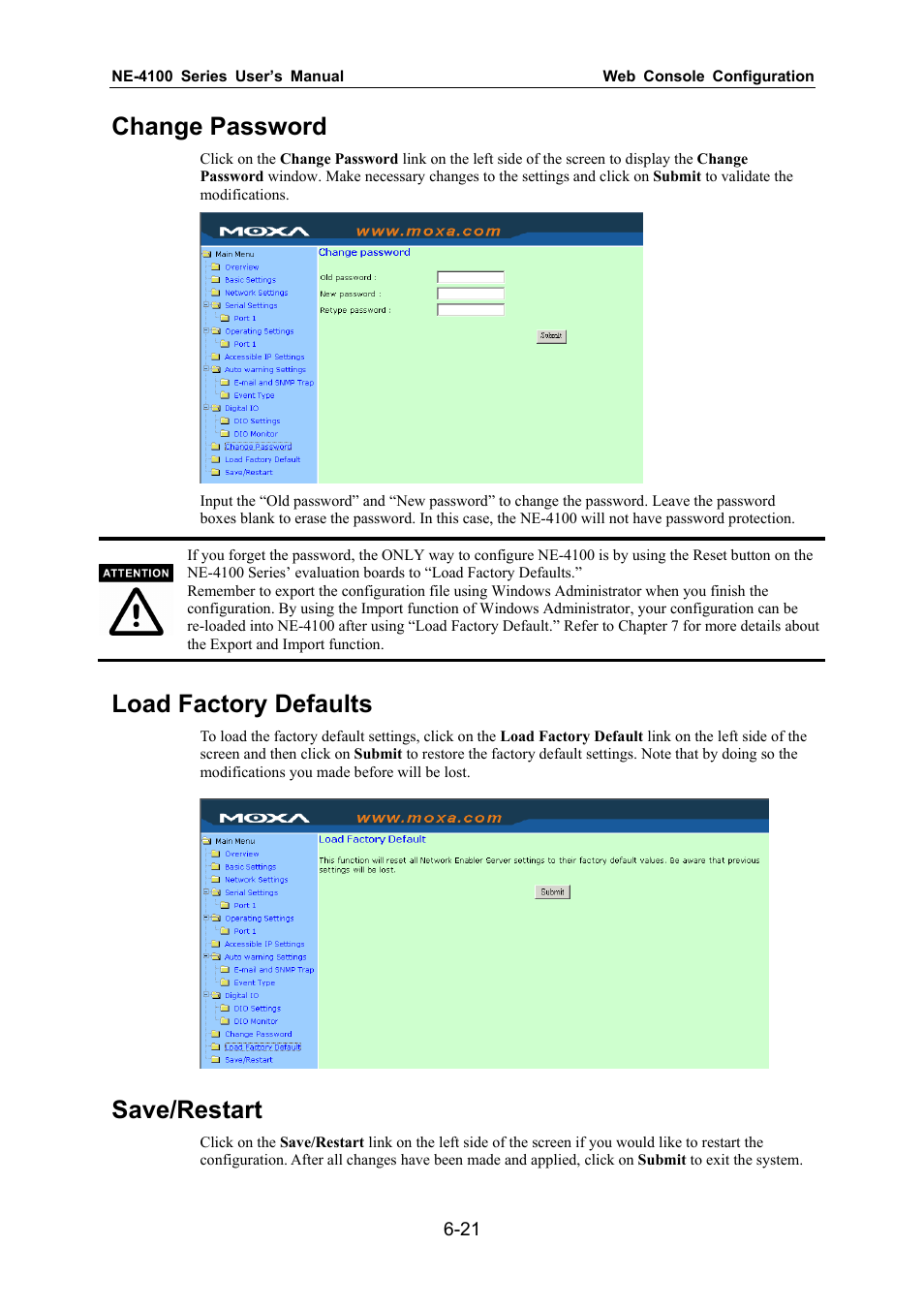 Change password, Load factory defaults, Save/restart | Moxa Technologies NE-4100 User Manual | Page 56 / 90