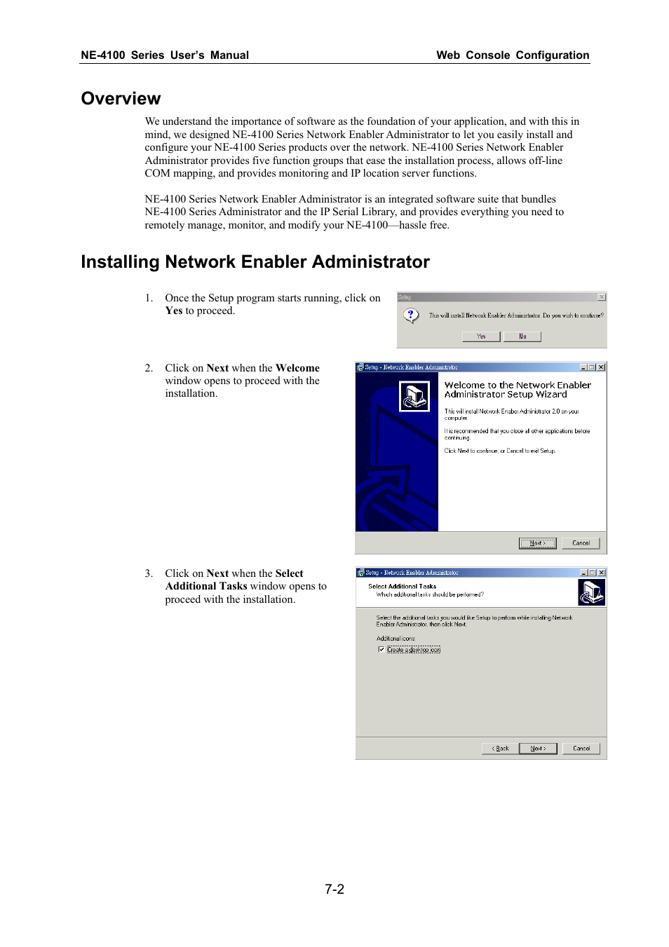 Overview, Installing network enabler administrator | Moxa Technologies NE-4100 User Manual | Page 58 / 90