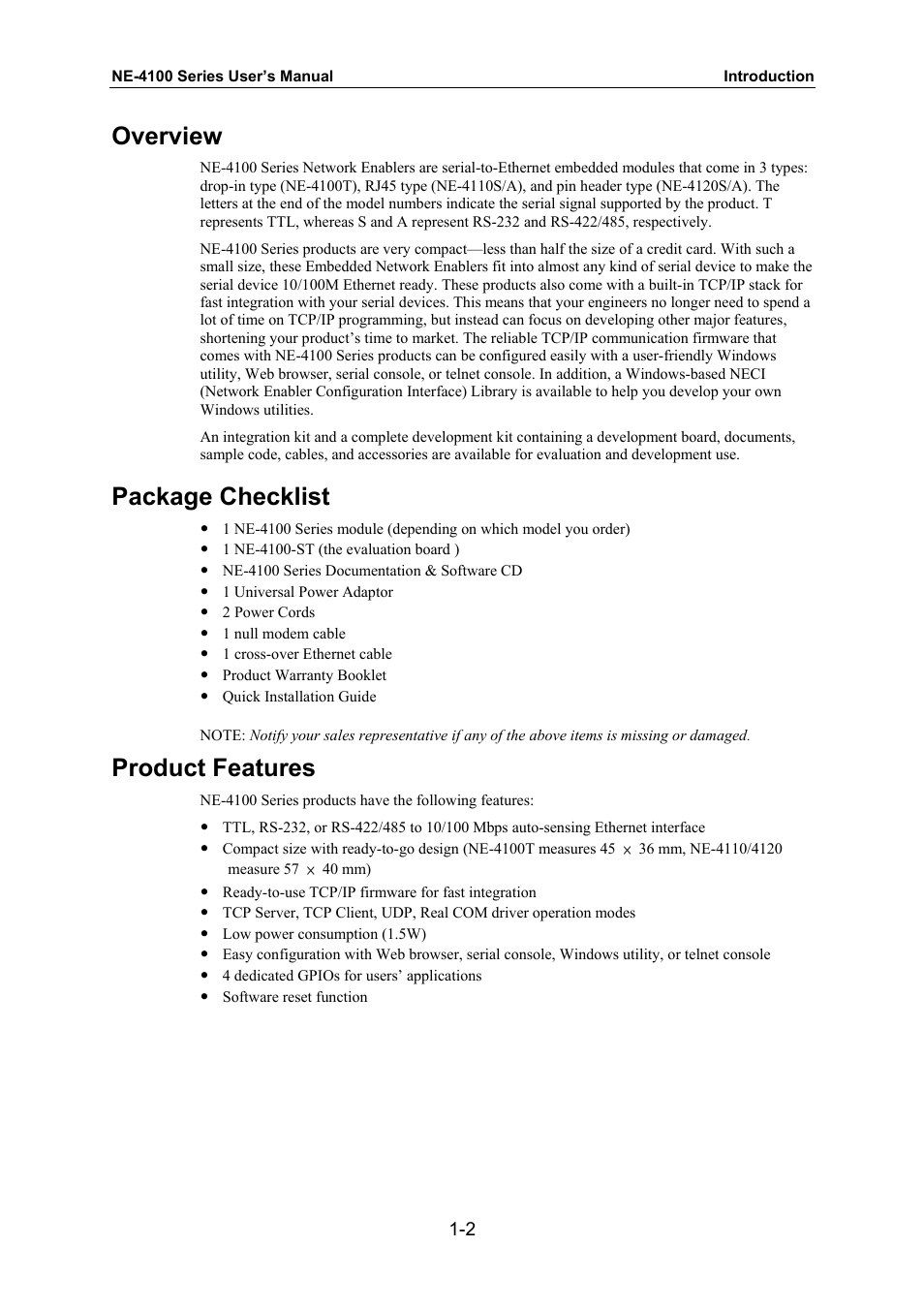 Overview, Package checklist, Product features | Moxa Technologies NE-4100 User Manual | Page 6 / 90