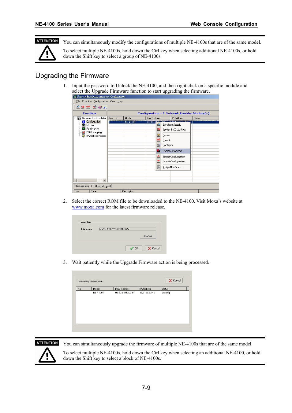 Upgrading the firmware | Moxa Technologies NE-4100 User Manual | Page 65 / 90