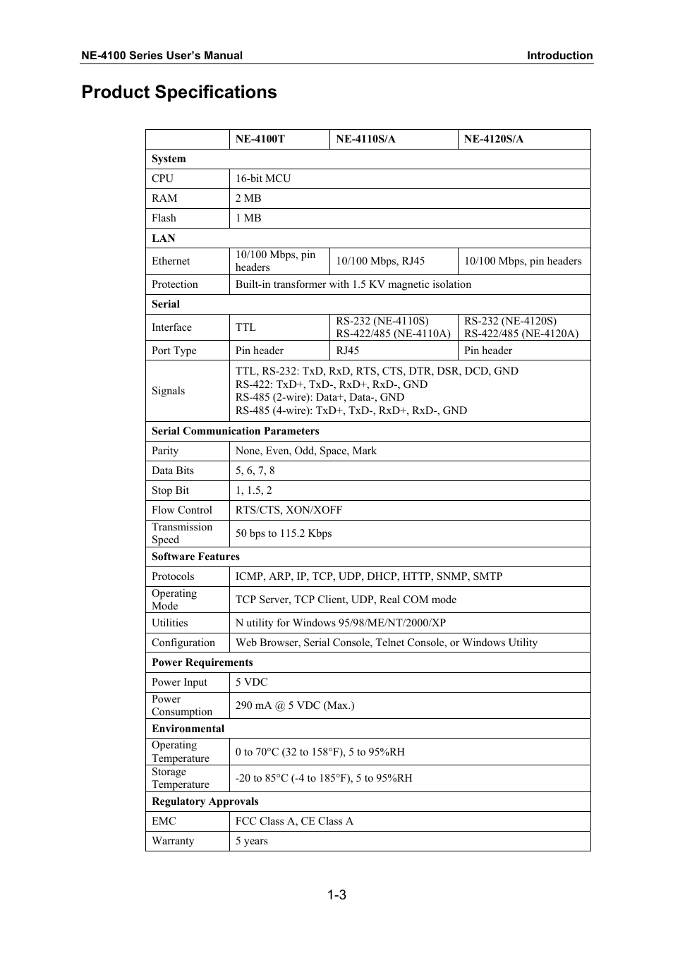 Product specifications | Moxa Technologies NE-4100 User Manual | Page 7 / 90