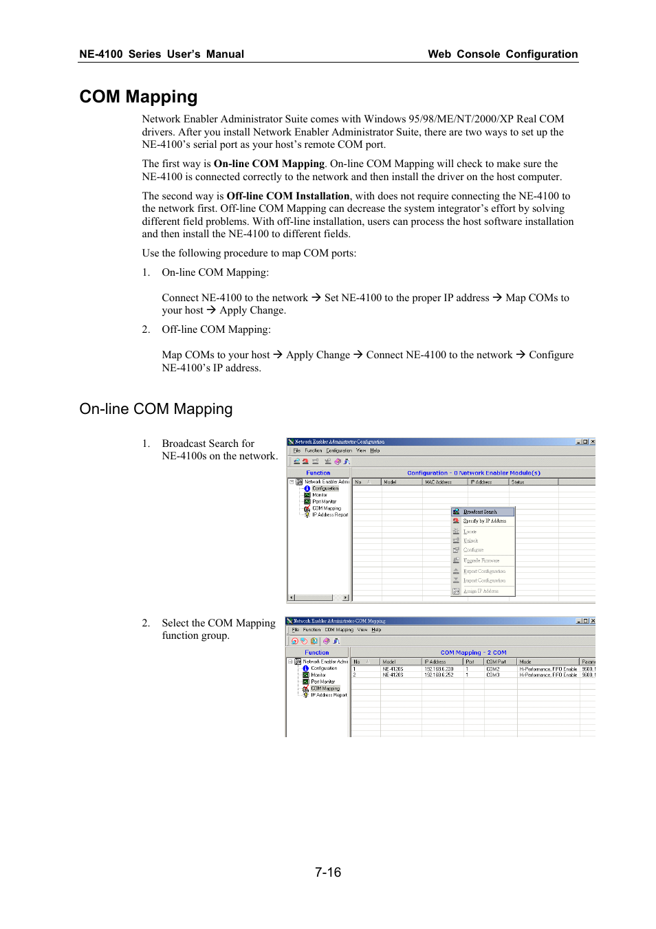 Com mapping, On-line com mapping | Moxa Technologies NE-4100 User Manual | Page 72 / 90