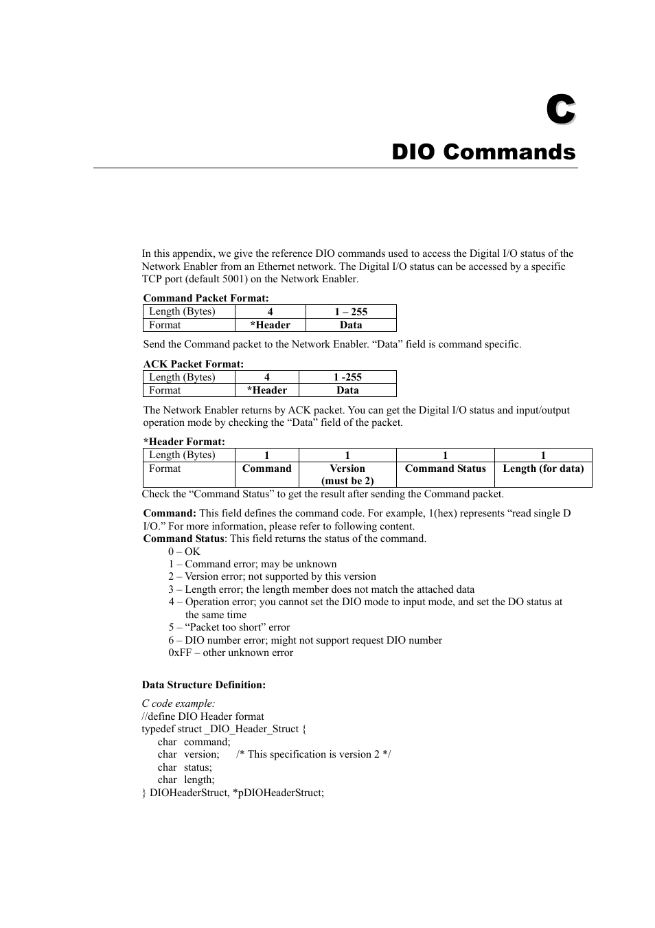 C. dio commands, Dio commands | Moxa Technologies NE-4100 User Manual | Page 81 / 90