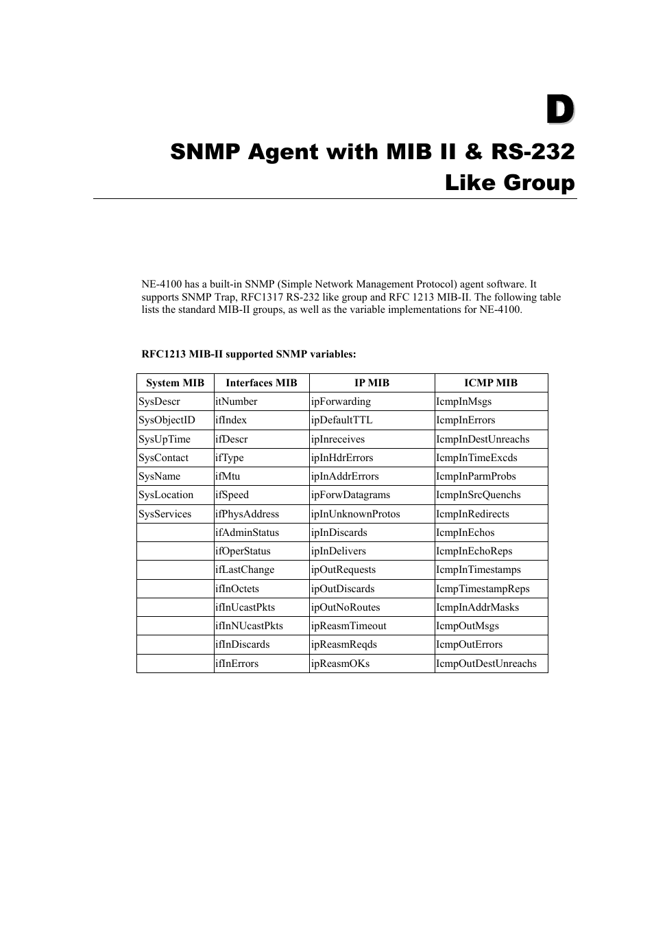 D. snmp agent with mib ii & rs-232 like group, Snmp agent with mib ii & rs-232 like group | Moxa Technologies NE-4100 User Manual | Page 85 / 90