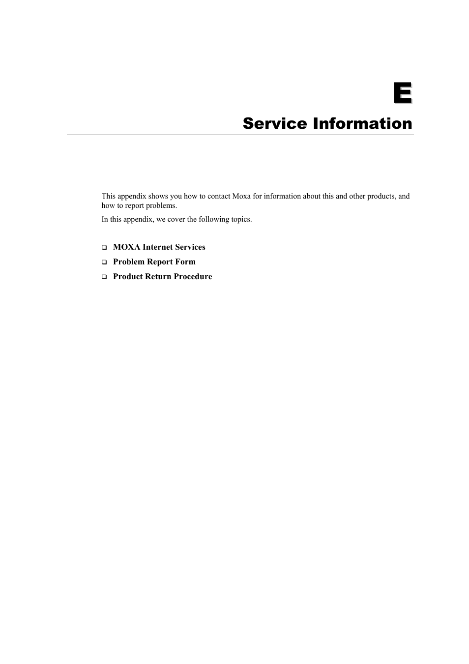 E. service information, Service information | Moxa Technologies NE-4100 User Manual | Page 87 / 90