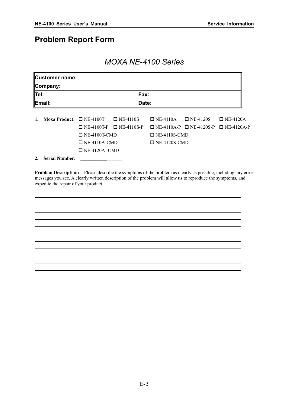 Problem report form, Problem report form moxa ne-4100 series | Moxa Technologies NE-4100 User Manual | Page 89 / 90