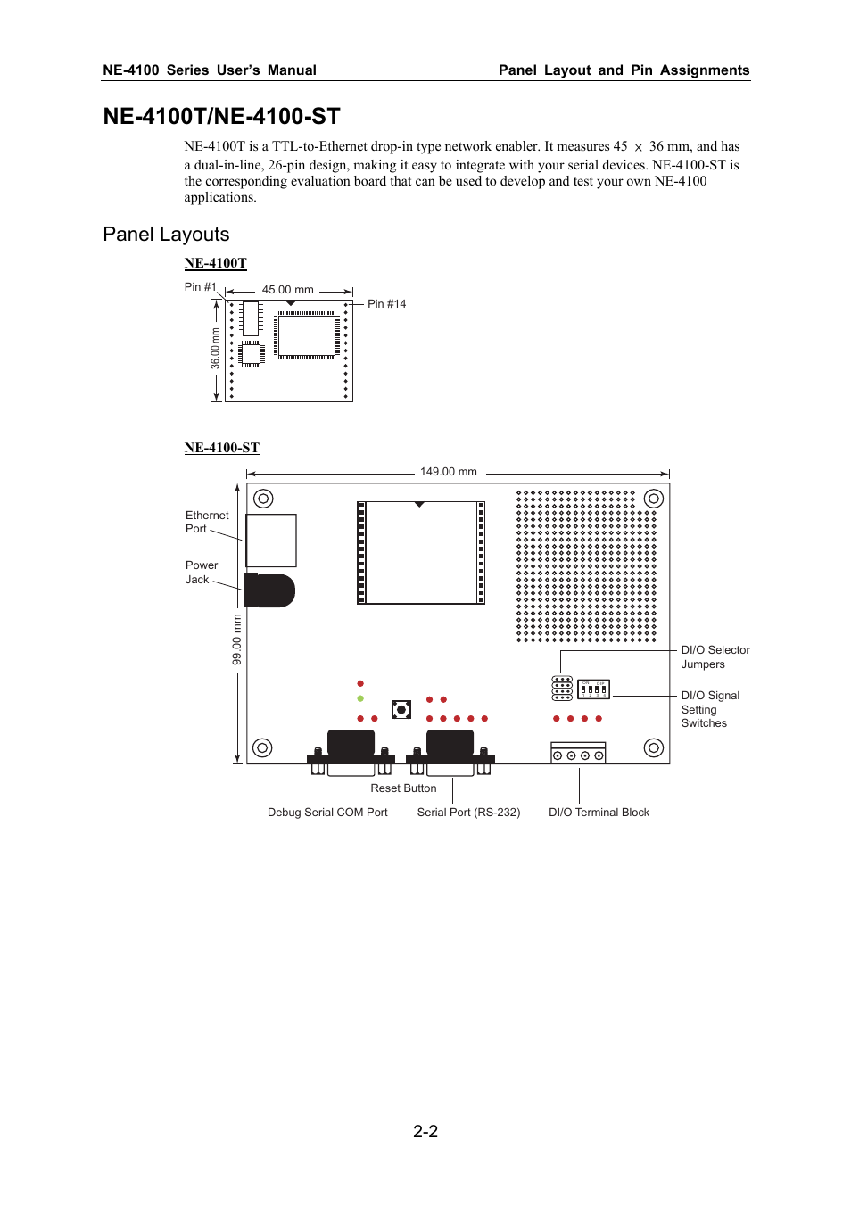 Ne-4100t/ne-4100-st, Panel layouts | Moxa Technologies NE-4100 User Manual | Page 9 / 90