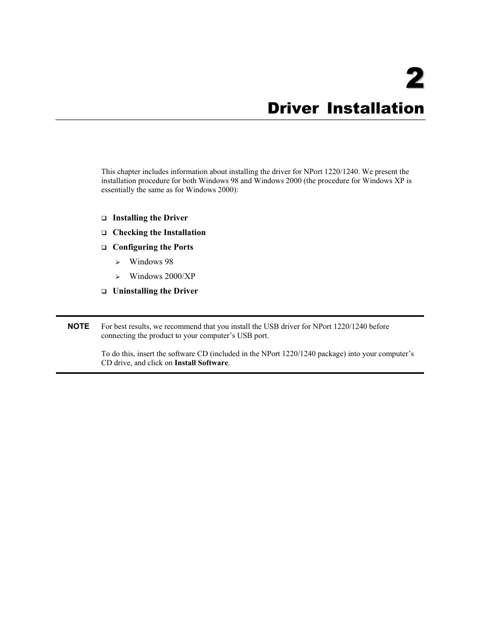 Chapter 2, Driver installation -1, Driver installation | Moxa Technologies NPort 1240 User Manual | Page 13 / 37
