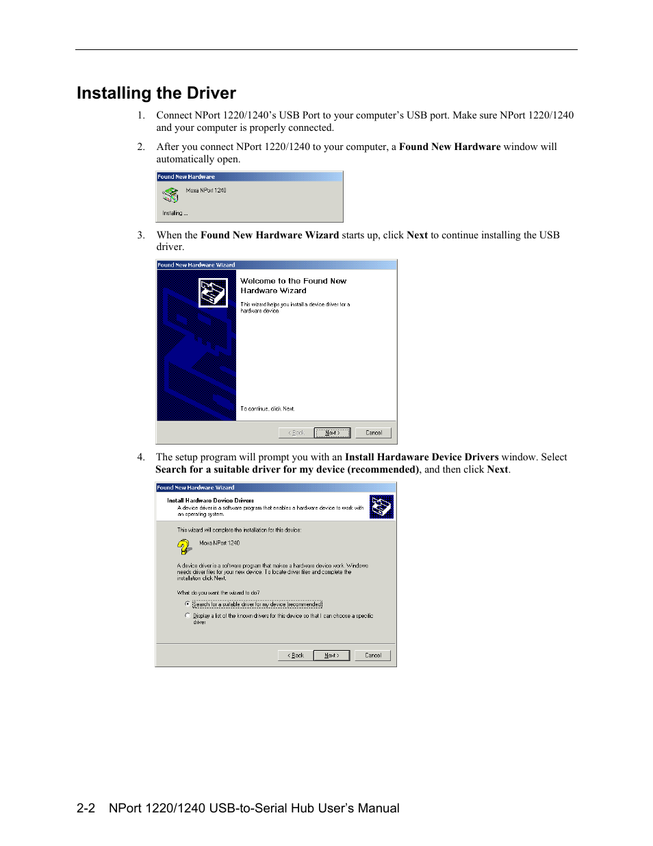 Installing the driver -2, Installing the driver | Moxa Technologies NPort 1240 User Manual | Page 14 / 37