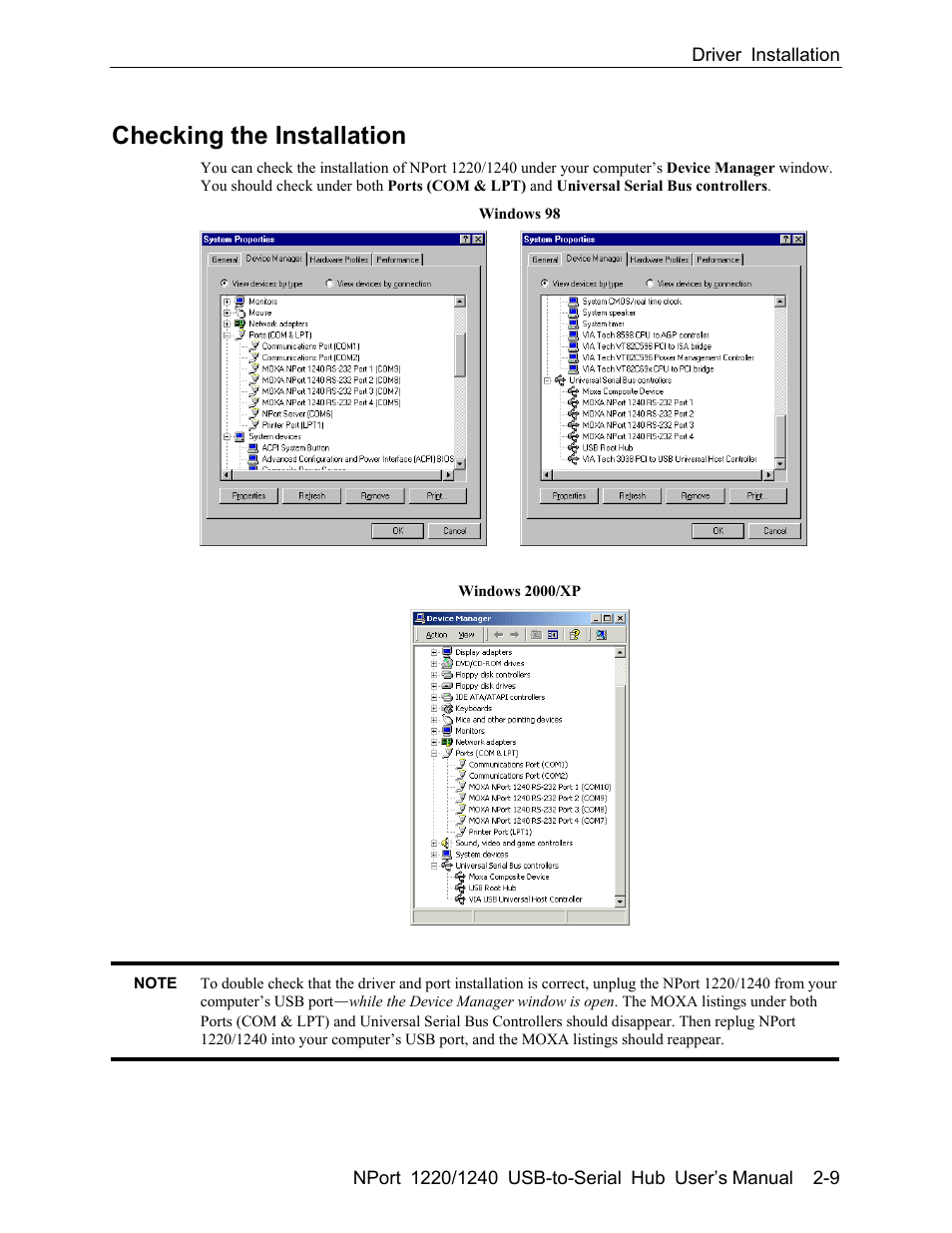 Checking the installation -9, Checking the installation | Moxa Technologies NPort 1240 User Manual | Page 21 / 37
