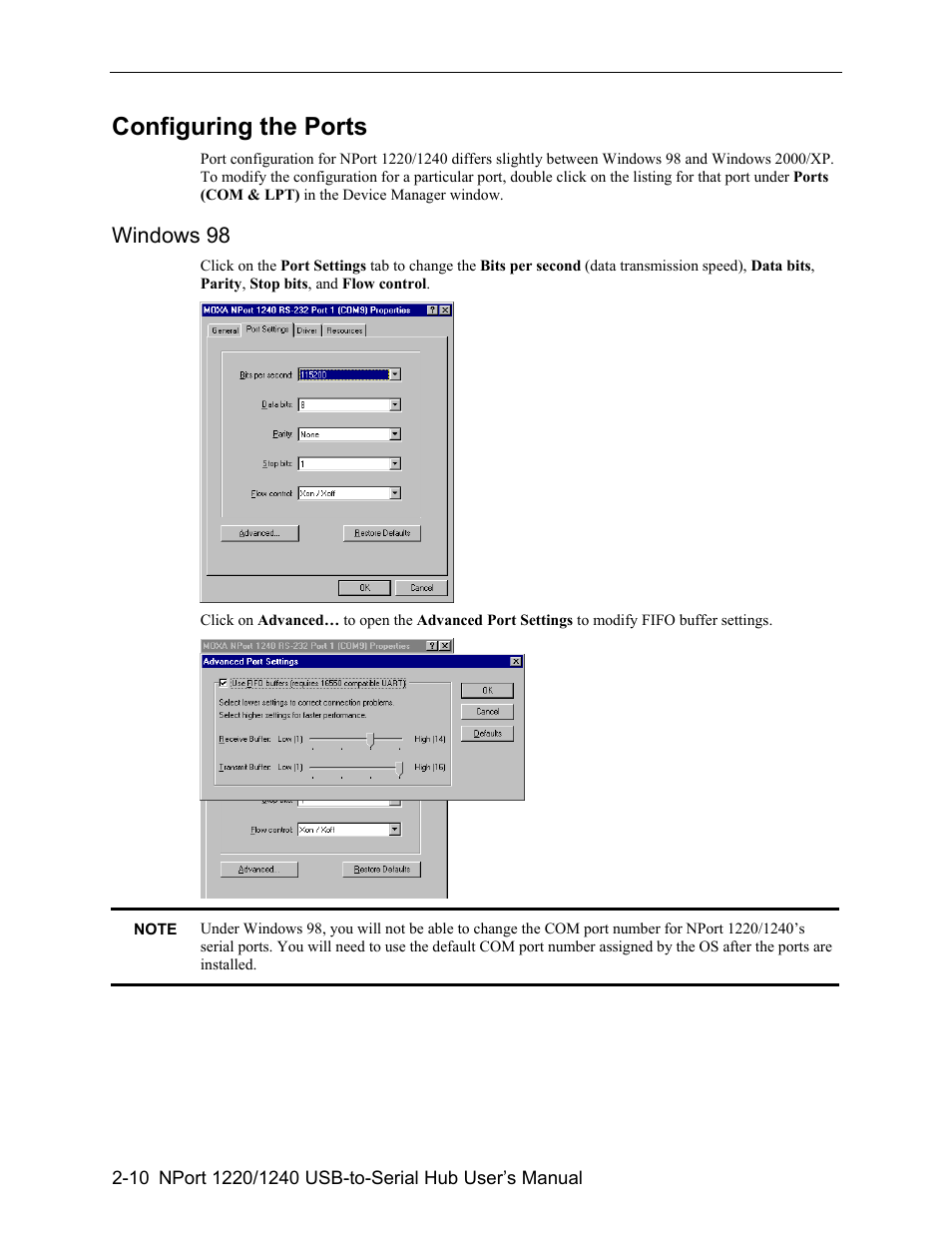 Configuring the ports -10, Windows 98 -10, Configuring the ports | Windows 98 | Moxa Technologies NPort 1240 User Manual | Page 22 / 37