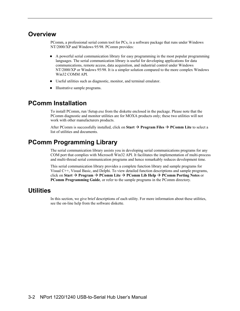 Overview -2, Pcomm installation -2, Pcomm programming library -2 | Utilities -2, Overview, Pcomm installation, Pcomm programming library, Utilities | Moxa Technologies NPort 1240 User Manual | Page 26 / 37