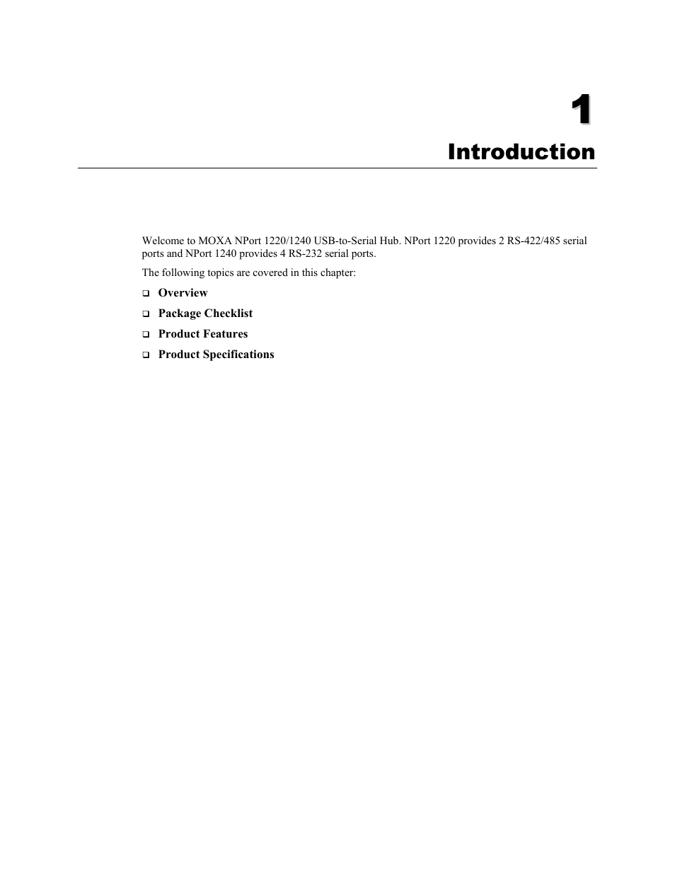 Chapter 1, Introduction -1, Introduction | Moxa Technologies NPort 1240 User Manual | Page 5 / 37