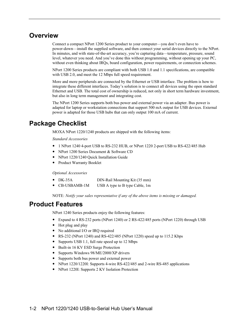 Overview -2, Package checklist -2, Product features -2 | Overview, Package checklist, Product features | Moxa Technologies NPort 1240 User Manual | Page 6 / 37