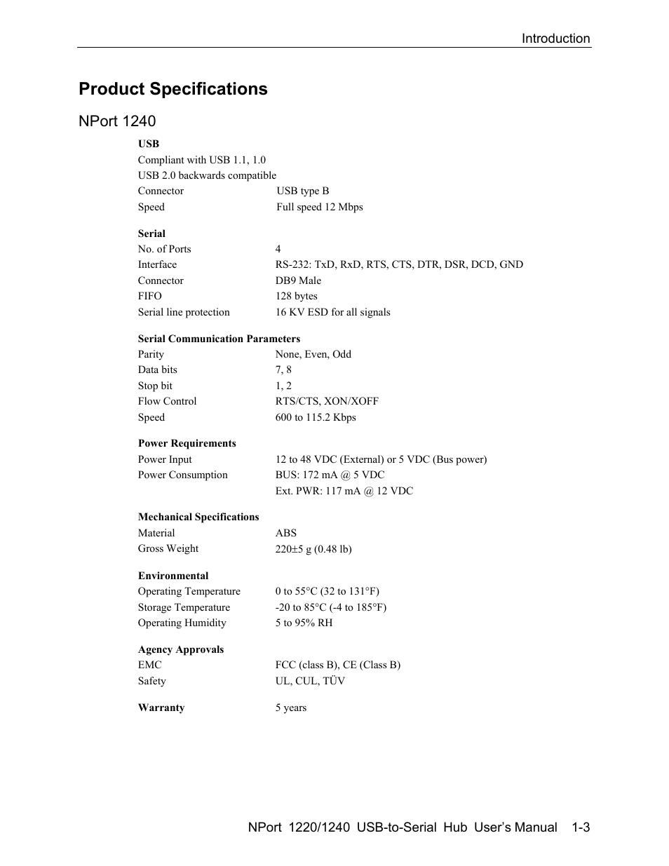 Product specifications -3, Nport 1240 -3, Product specifications | Nport 1240, Introduction, Manual 1-3 | Moxa Technologies NPort 1240 User Manual | Page 7 / 37