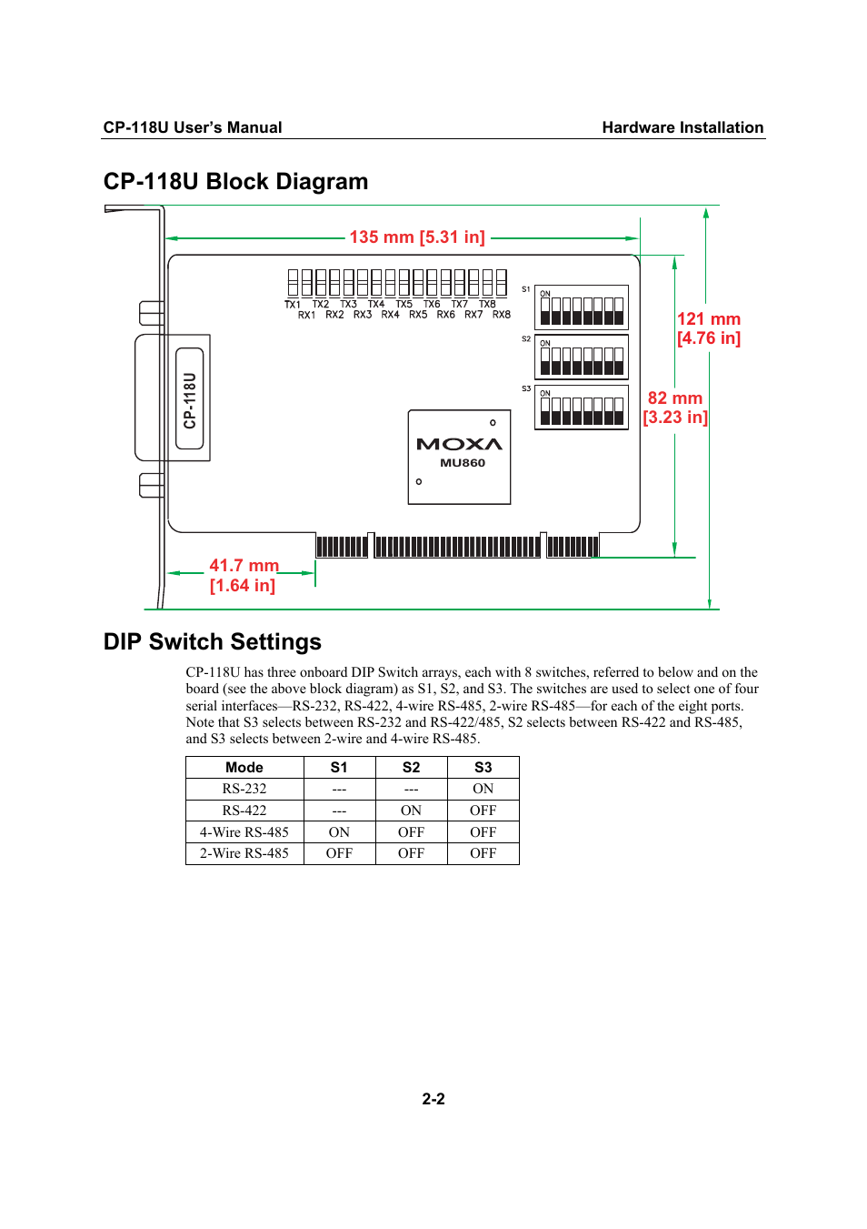 Cp-118u block diagram, Dip switch settings, Cp-118u block diagram -2 | Dip switch settings -2 | Moxa Technologies CP-118U User Manual | Page 10 / 84