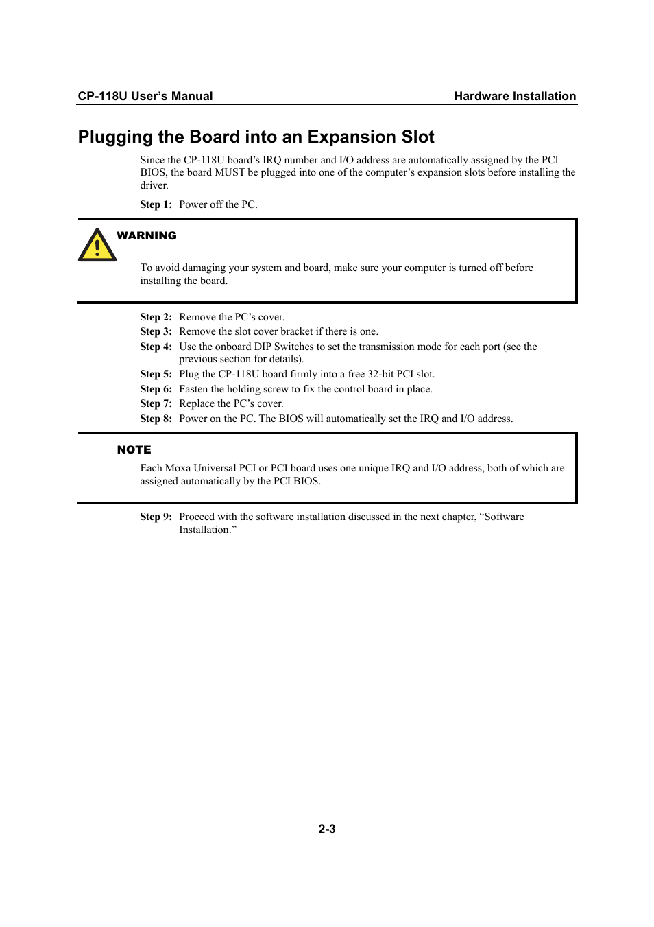 Plugging the board into an expansion slot, Plugging the board into an expansion slot -3 | Moxa Technologies CP-118U User Manual | Page 11 / 84