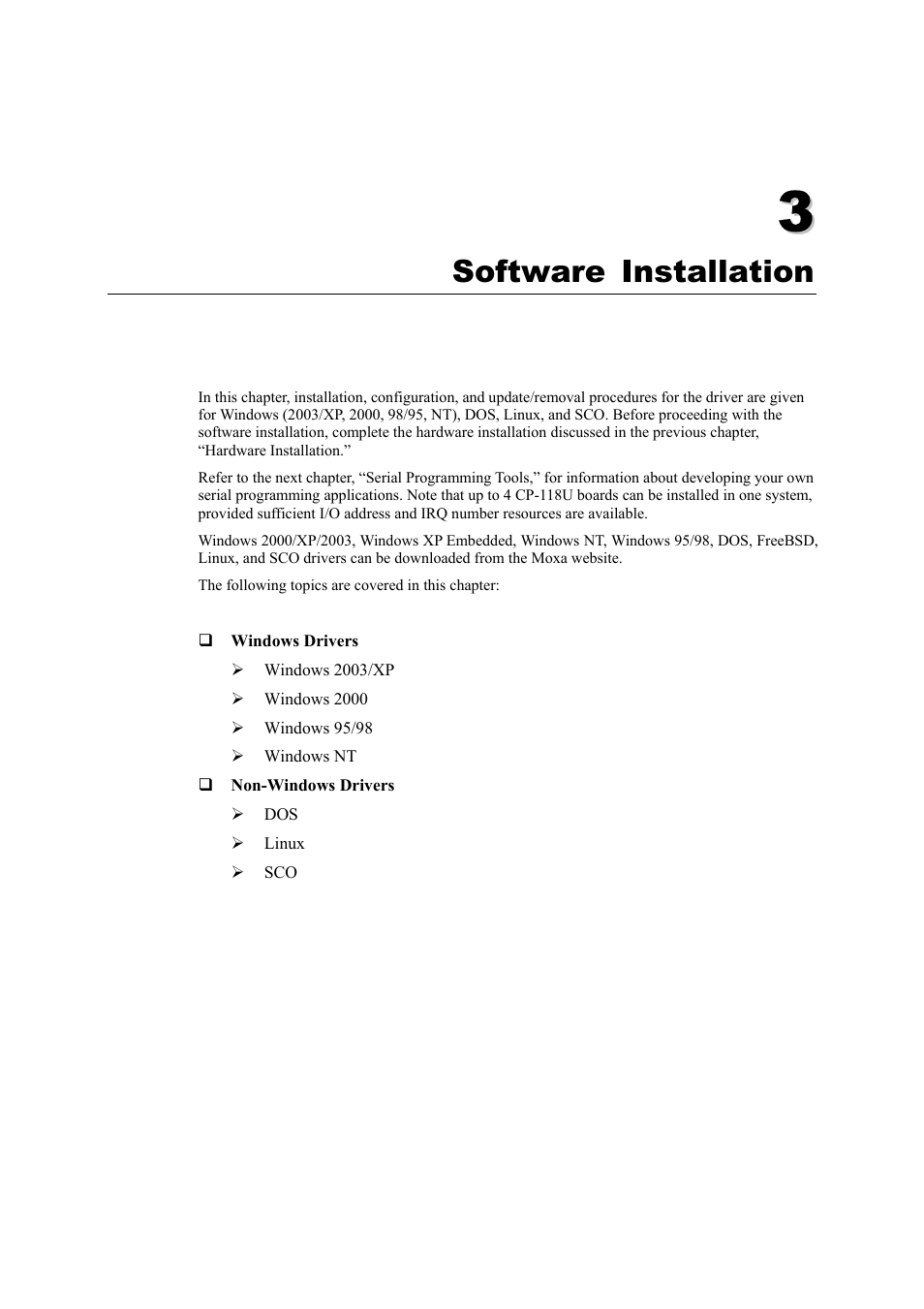 Software installation, Windows drivers, Chapter 3 | Software installation -1 | Moxa Technologies CP-118U User Manual | Page 13 / 84