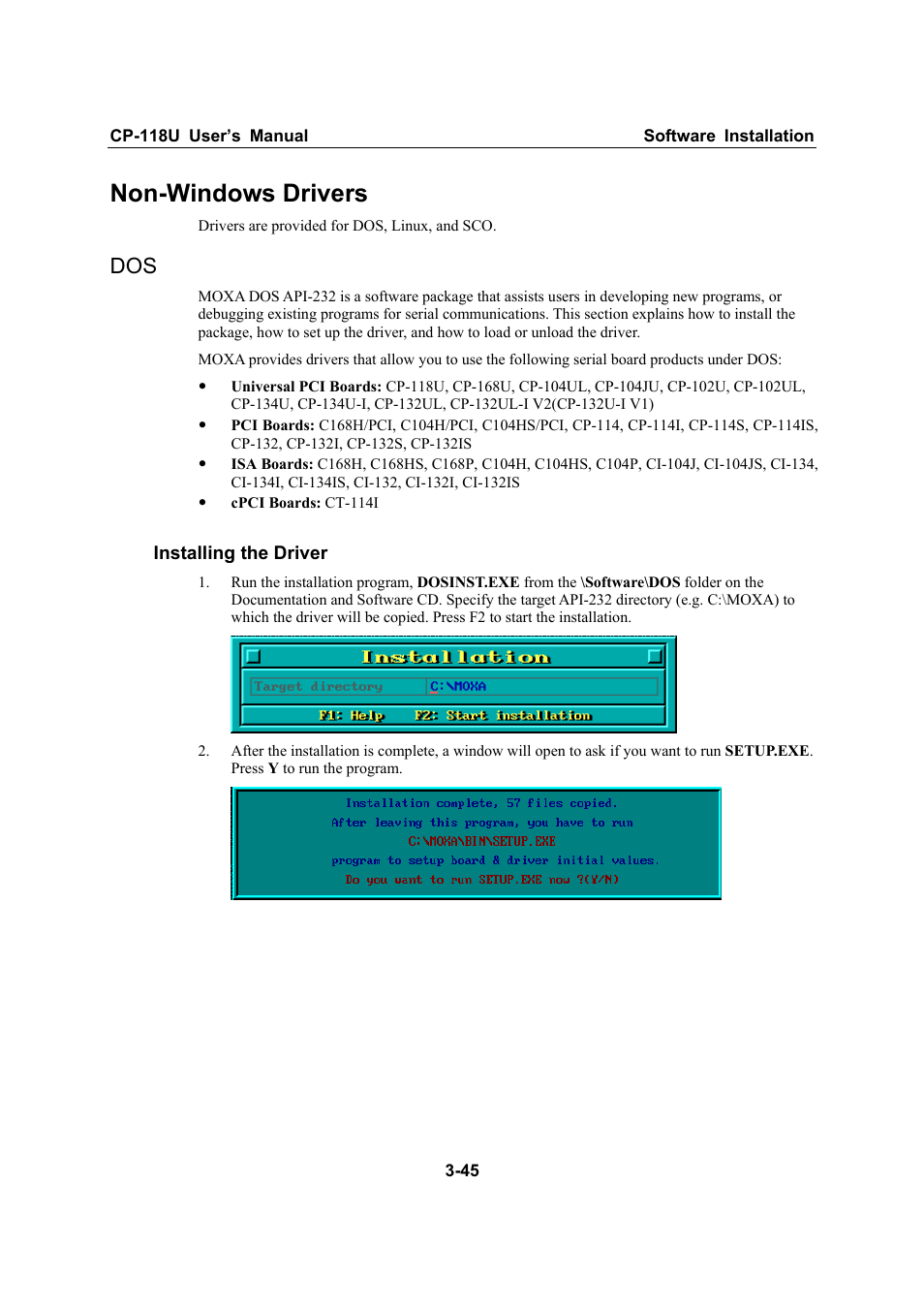 Non-windows drivers, Non-windows drivers -45, Dos -45 | Moxa Technologies CP-118U User Manual | Page 57 / 84