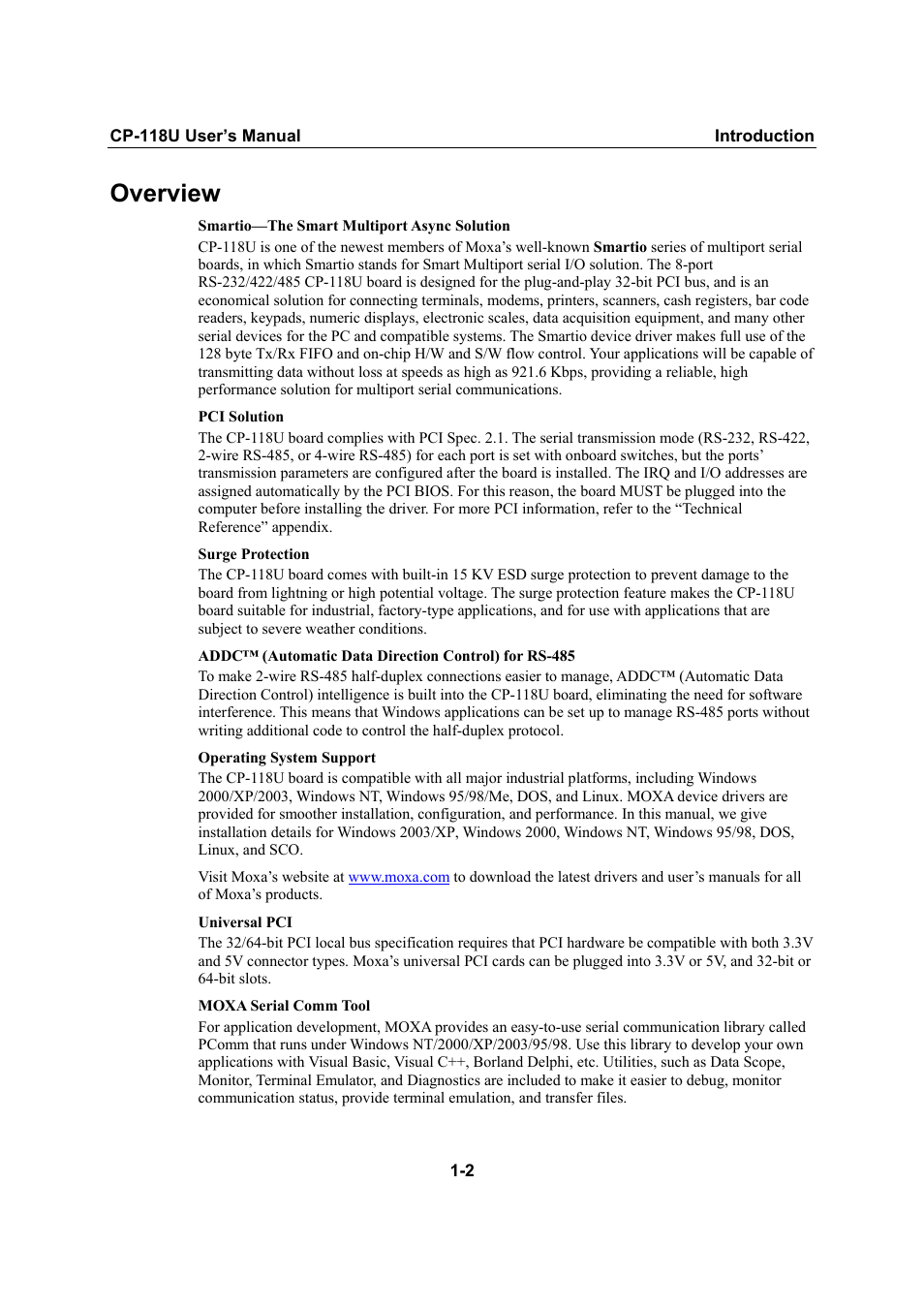 Overview, Overview -2 | Moxa Technologies CP-118U User Manual | Page 6 / 84