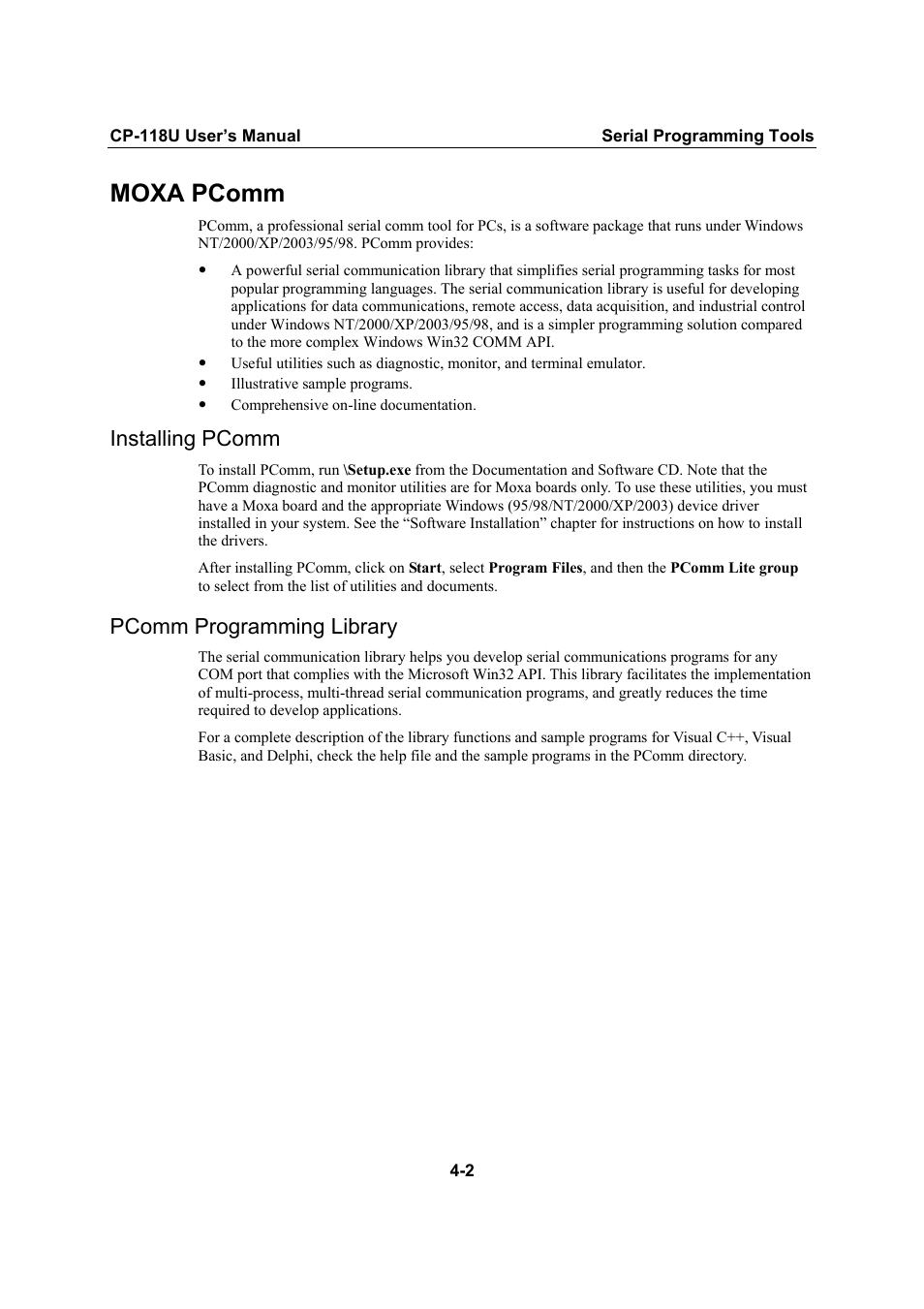 Moxa pcomm, Installing pcomm, Pcomm programming library | Moxa pcomm -2, Installing pcomm -2, Pcomm programming library -2 | Moxa Technologies CP-118U User Manual | Page 66 / 84