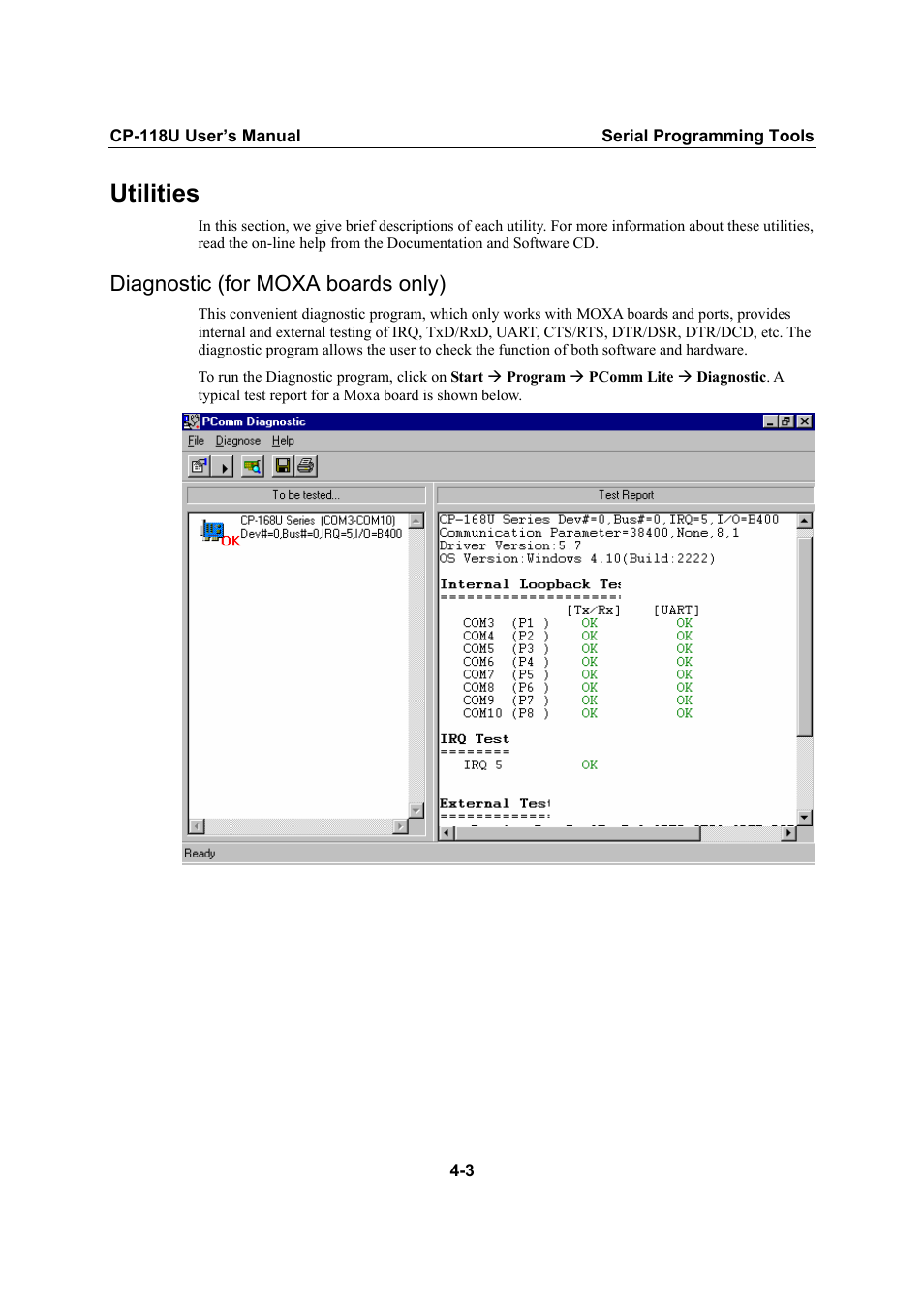 Utilities, Diagnostic (for moxa boards only), Utilities -3 | Diagnostic (for moxa boards only) -3 | Moxa Technologies CP-118U User Manual | Page 67 / 84
