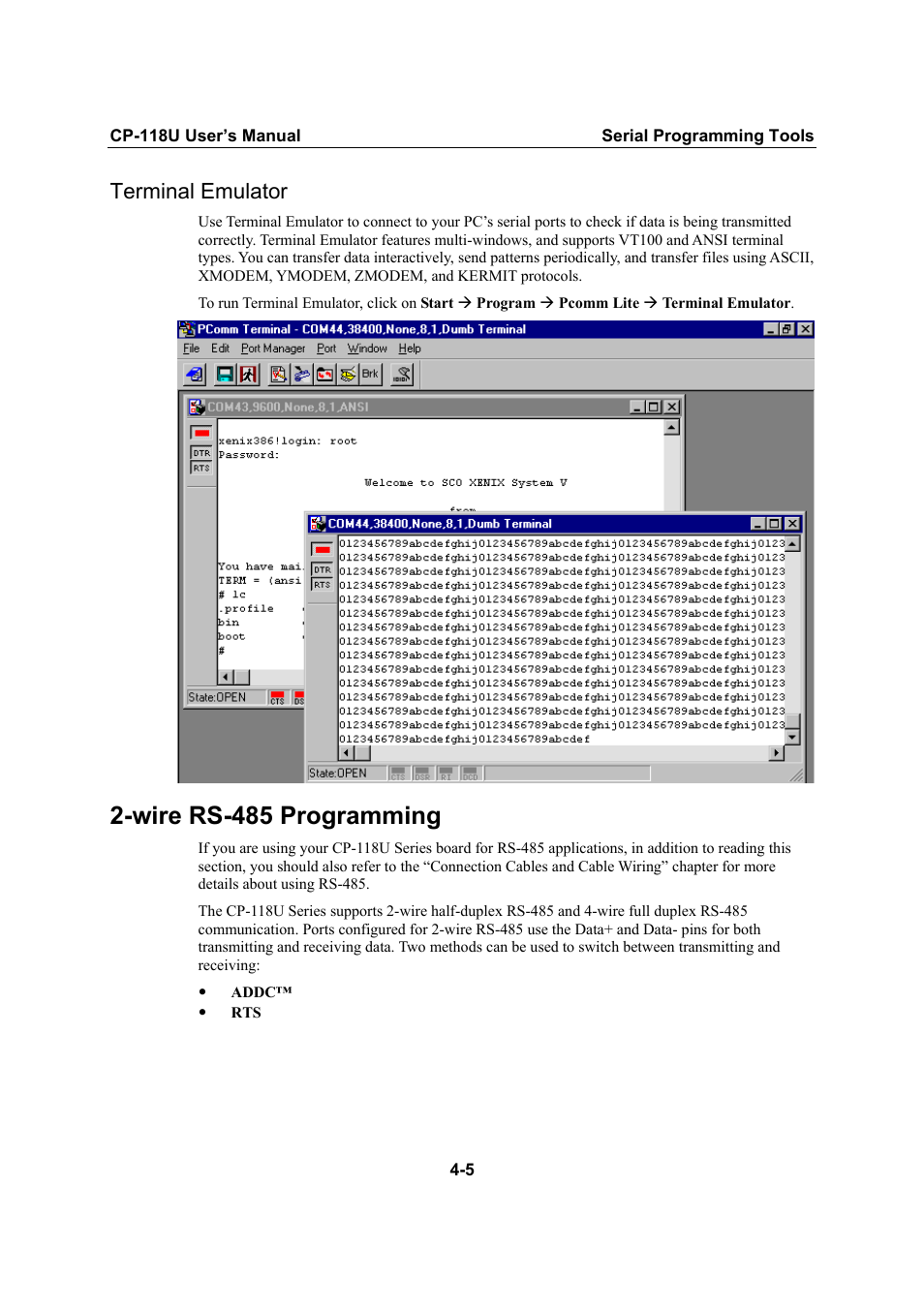 Terminal emulator, Wire rs-485 programming, Terminal emulator -5 | Wire rs-485 programming -5 | Moxa Technologies CP-118U User Manual | Page 69 / 84