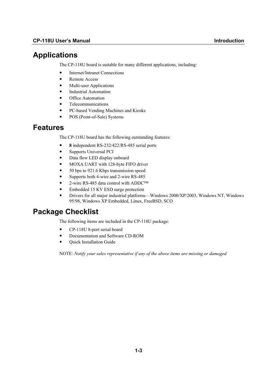 Applications, Features, Package checklist | Applications -3, Features -3, Package checklist -3 | Moxa Technologies CP-118U User Manual | Page 7 / 84