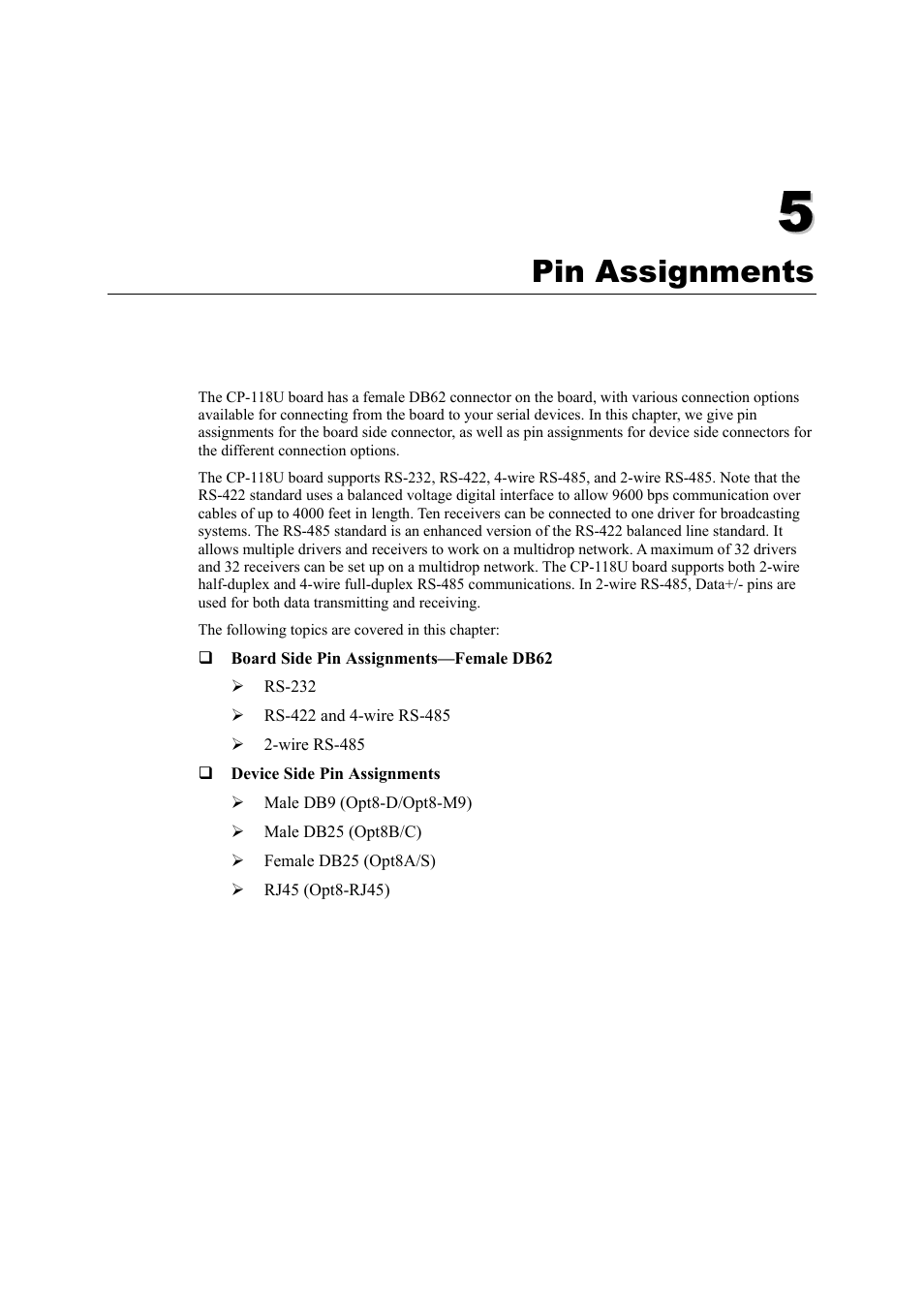 Pin assignments, Chapter 5, Pin assignments -1 | Moxa Technologies CP-118U User Manual | Page 71 / 84