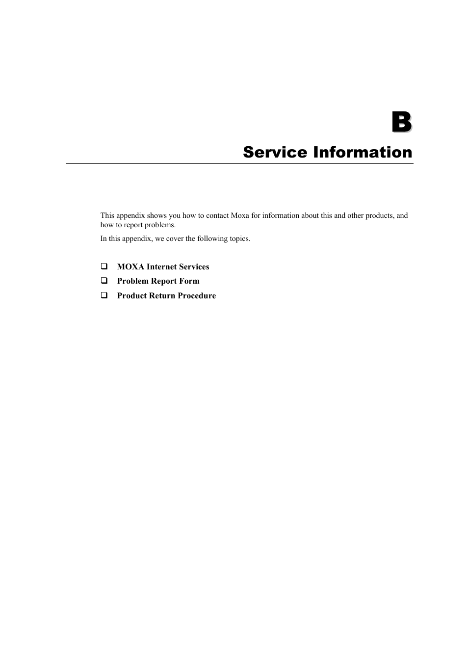 B. service information, Appendix b, Service information | Moxa Technologies CP-118U User Manual | Page 81 / 84