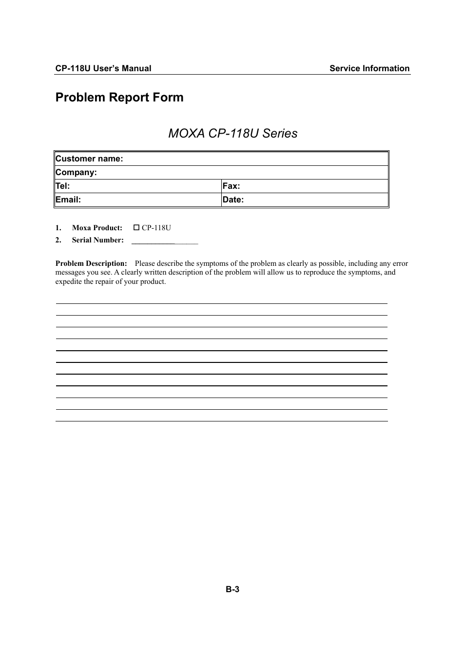 Problem report form, Problem report form moxa cp-118u series | Moxa Technologies CP-118U User Manual | Page 83 / 84