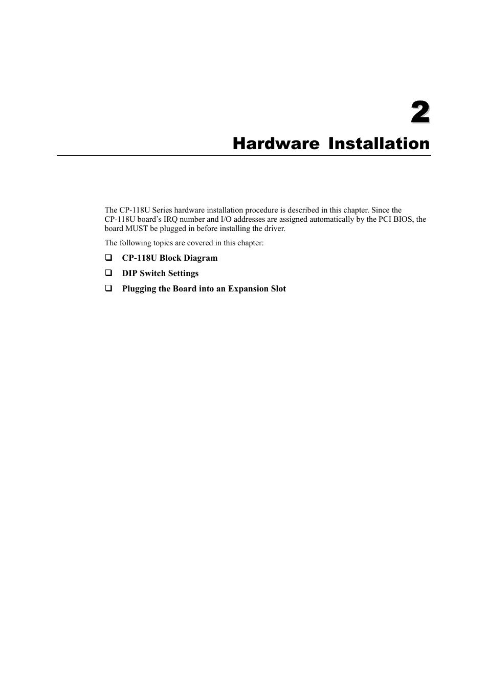 Hardware installation, Chapter 2, Hardware installation -1 | Moxa Technologies CP-118U User Manual | Page 9 / 84