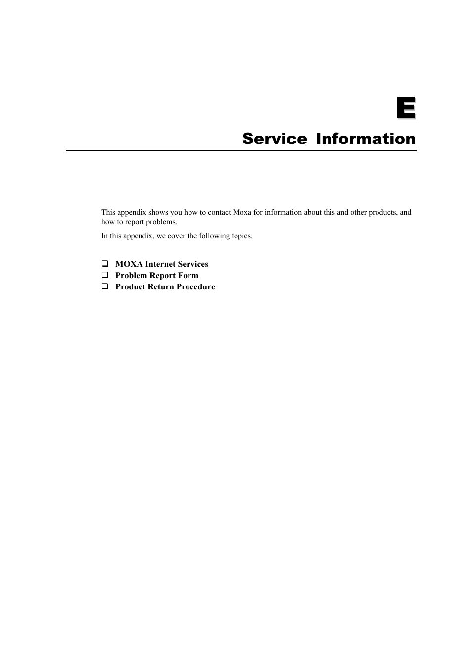 E. service information, Appendix e, Service information | Moxa Technologies IA5150 User Manual | Page 105 / 108