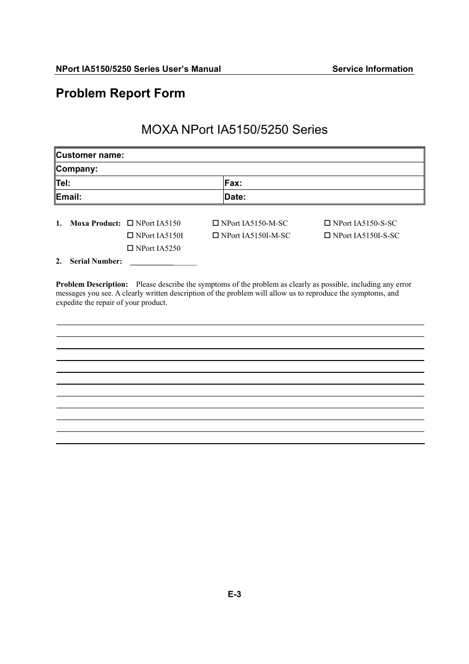 Problem report form | Moxa Technologies IA5150 User Manual | Page 107 / 108