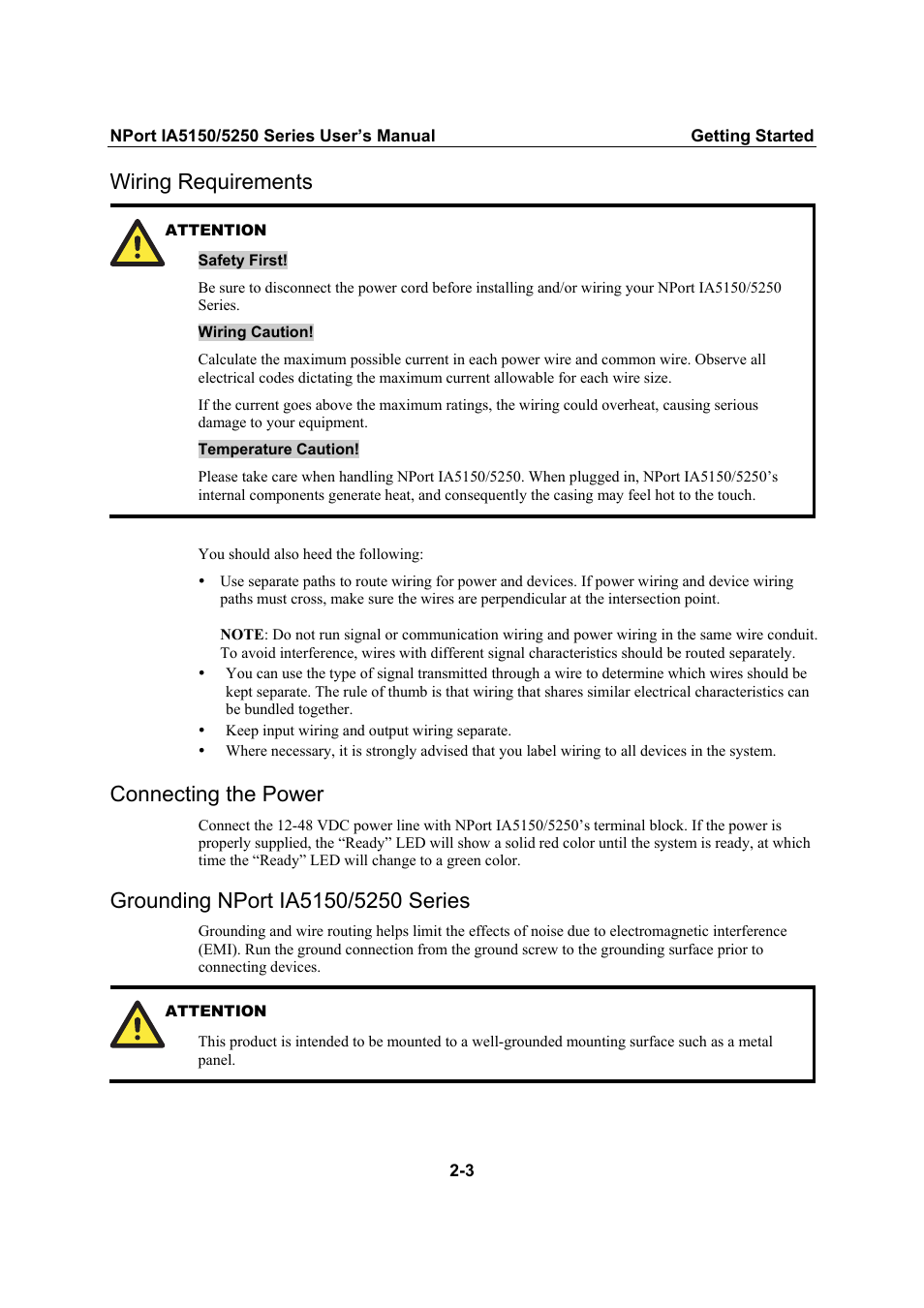 Wiring requirements, Connecting the power, Grounding nport ia5150/5250 series | Wiring requirements -3, Connecting the power -3, Grounding nport ia5150/5250 series -3 | Moxa Technologies IA5150 User Manual | Page 11 / 108