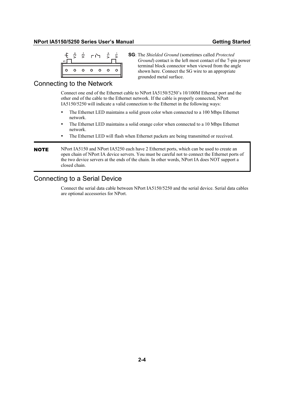 Connecting to the network, Connecting to a serial device, Connecting to the network -4 | Connecting to a serial device -4 | Moxa Technologies IA5150 User Manual | Page 12 / 108