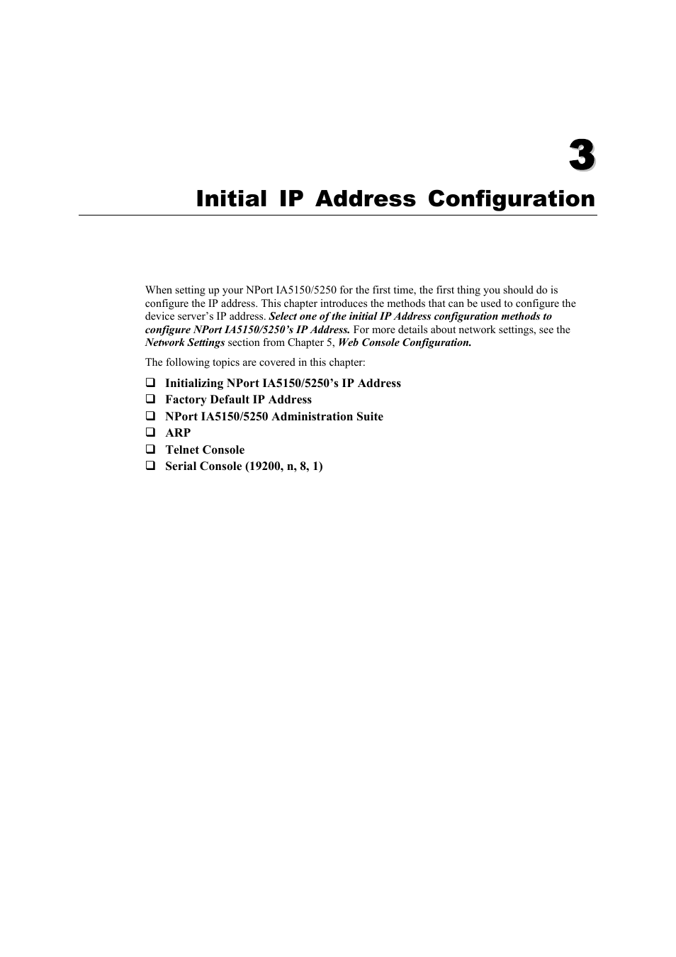 Initial ip address configuration, Chapter 3, Initial ip address configuration -1 | Moxa Technologies IA5150 User Manual | Page 14 / 108