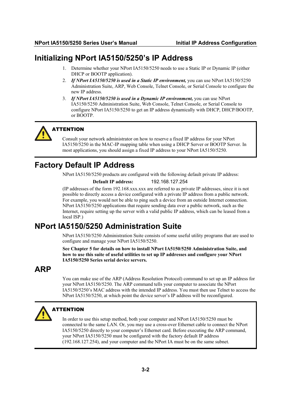 Initializing nport ia5150/5250’s ip address, Factory default ip address, Nport ia5150/5250 administration suite | Initializing nport ia5150/5250’s ip address -2, Factory default ip address -2, Nport ia5150/5250 administration suite -2 | Moxa Technologies IA5150 User Manual | Page 15 / 108