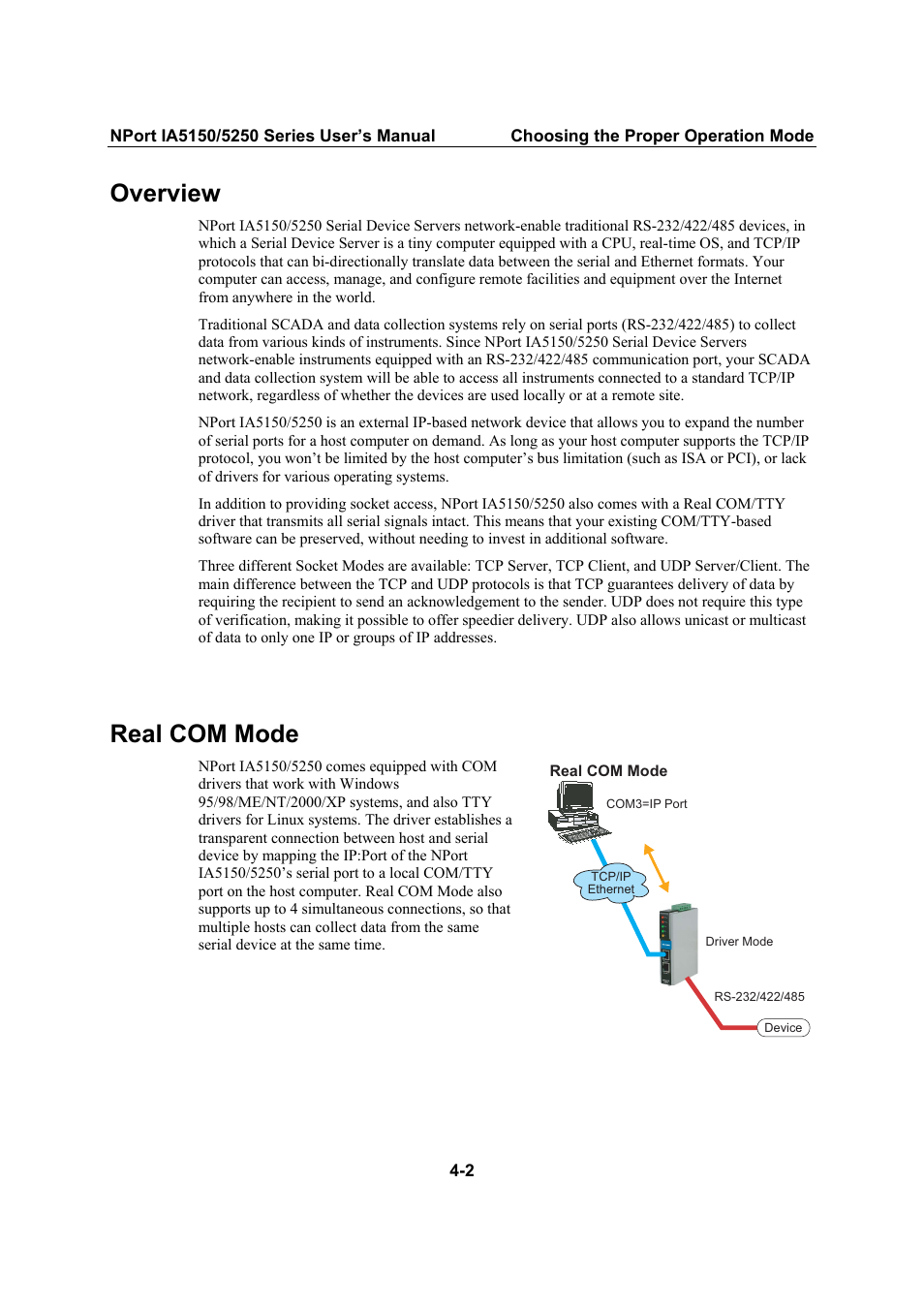 Overview, Real com mode, Real com mode -2 | Moxa Technologies IA5150 User Manual | Page 22 / 108