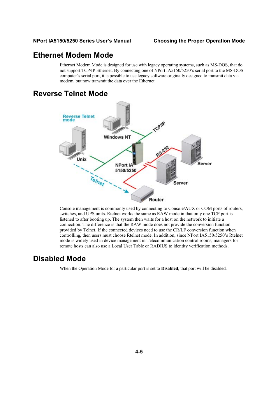 Ethernet modem mode, Reverse telnet mode, Disabled mode | Ethernet modem mode -5, Reverse telnet mode -5 | Moxa Technologies IA5150 User Manual | Page 25 / 108