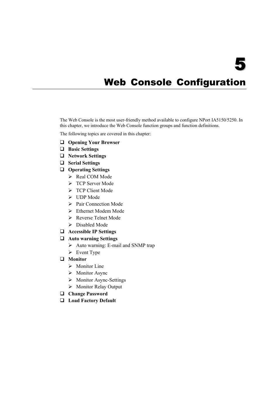 Web console configuration, Chapter 5, Web console configuration -1 | Moxa Technologies IA5150 User Manual | Page 26 / 108