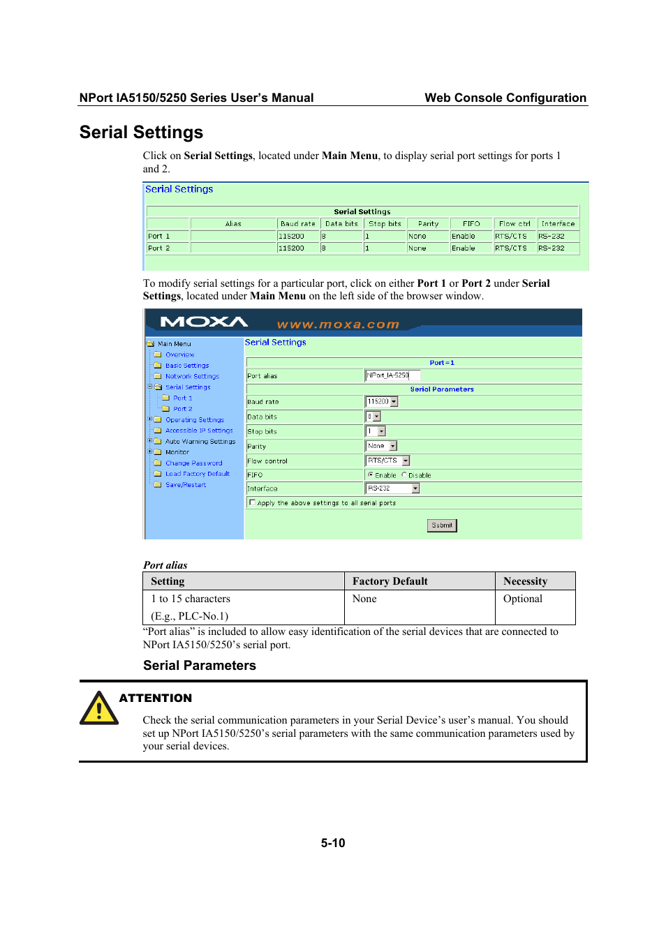 Serial settings | Moxa Technologies IA5150 User Manual | Page 35 / 108