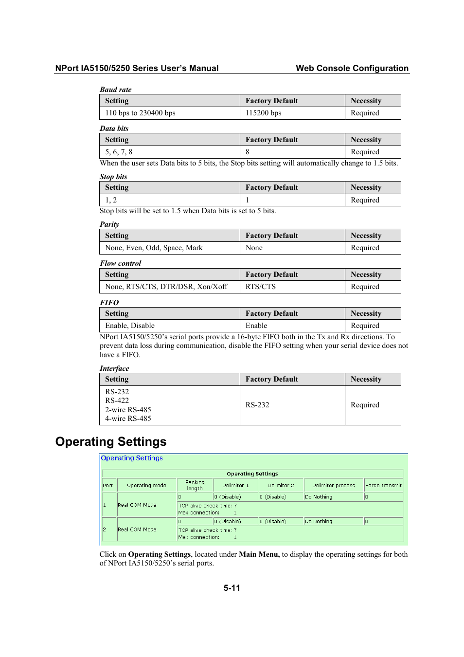 Operating settings, Operating settings -11 | Moxa Technologies IA5150 User Manual | Page 36 / 108