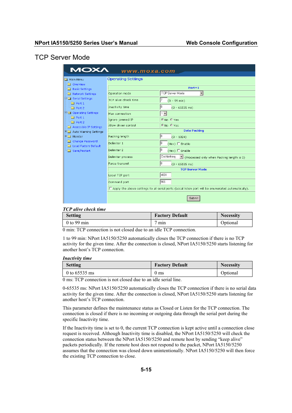 Tcp server mode, Tcp server mode -15 | Moxa Technologies IA5150 User Manual | Page 40 / 108