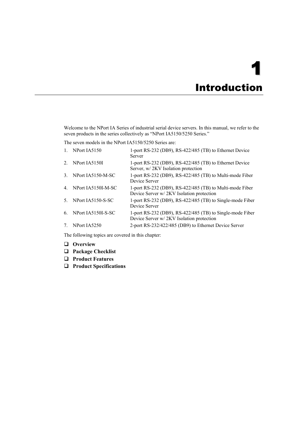 Introduction, Chapter 1, Introduction -1 | Moxa Technologies IA5150 User Manual | Page 5 / 108