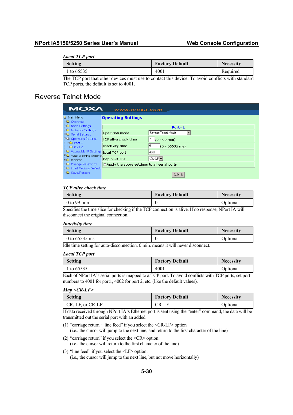 Reverse telnet mode, Reverse telnet mode -30 | Moxa Technologies IA5150 User Manual | Page 55 / 108