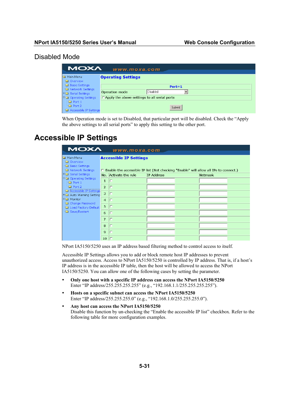 Disabled mode, Accessible ip settings, Disabled mode -31 | Accessible ip settings -31 | Moxa Technologies IA5150 User Manual | Page 56 / 108