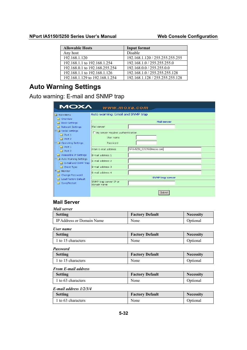 Auto warning settings, Auto warning: e-mail and snmp trap, Auto warning settings -32 | Auto warning: e-mail and snmp trap -32 | Moxa Technologies IA5150 User Manual | Page 57 / 108